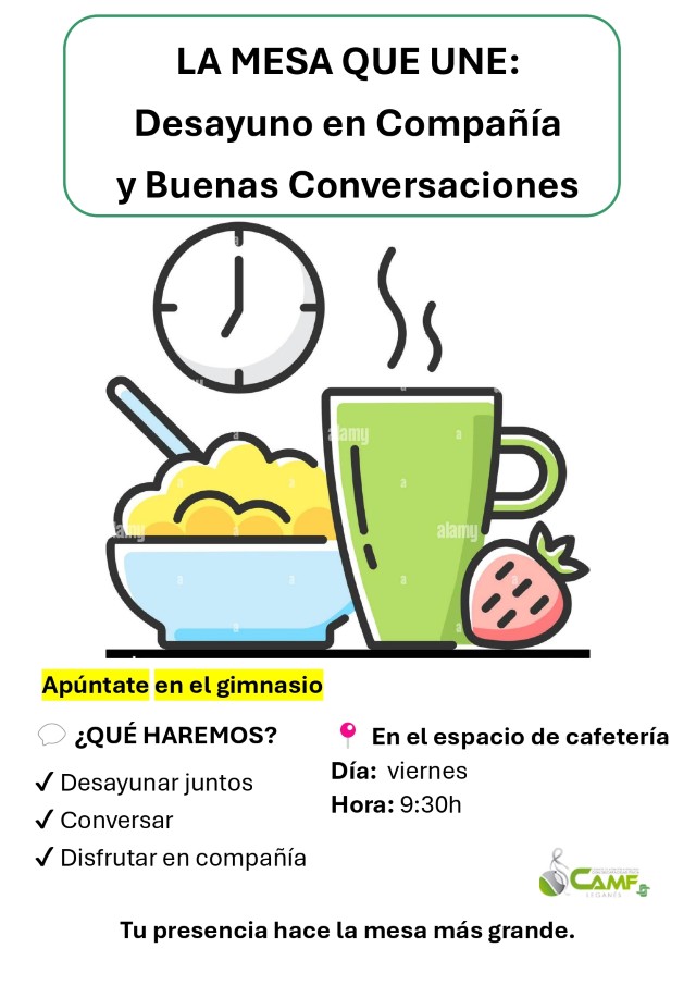 Cartel del primer desayuno en compañia, la mesa que une.